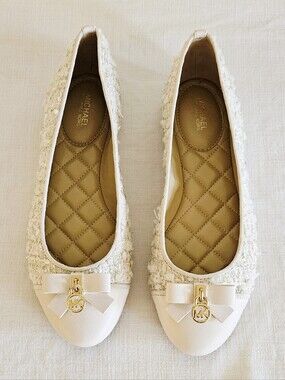 Michael Kors Ivory Quilted Ballet Flats with Bow & Gold MK Charm